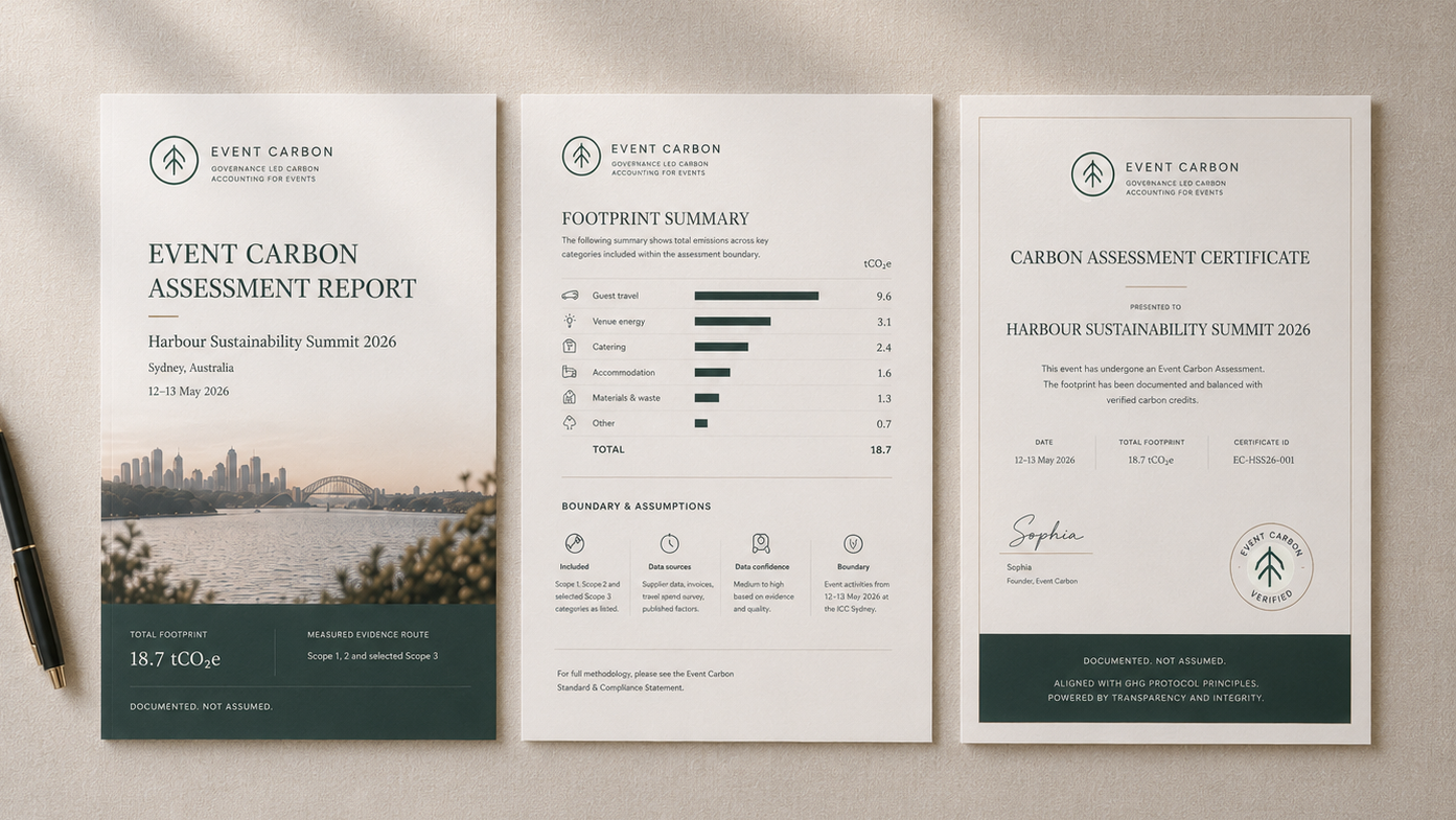 Event Carbon assessment report, footprint summary page and A4 certificate preview